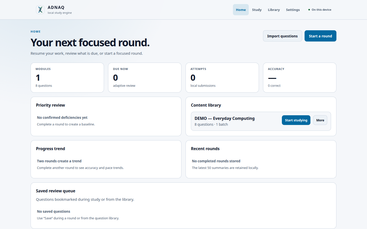 adnaq dashboard with the imported Everyday Computing demo, local study totals and review queue