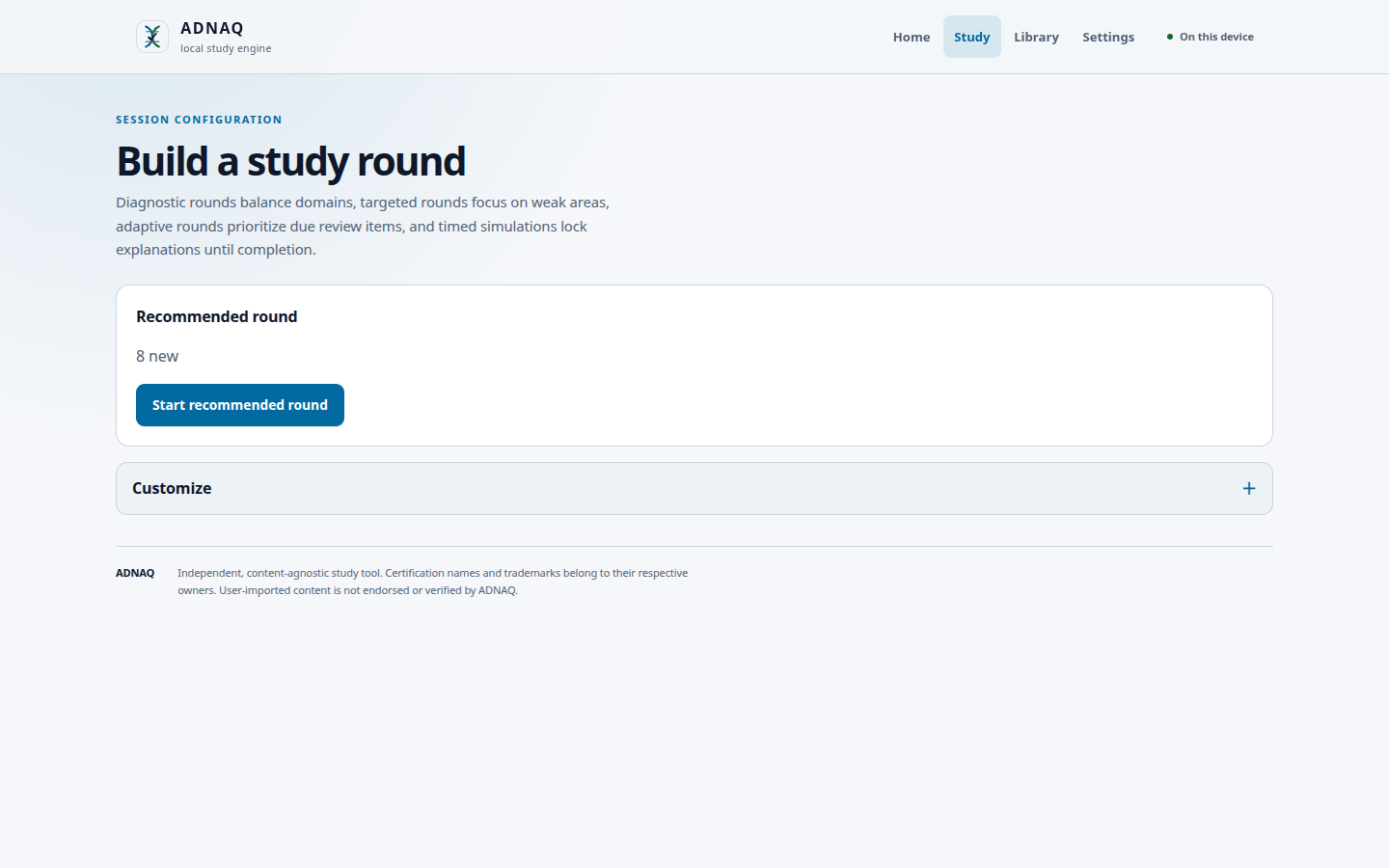 adnaq round builder with the demo module and study options