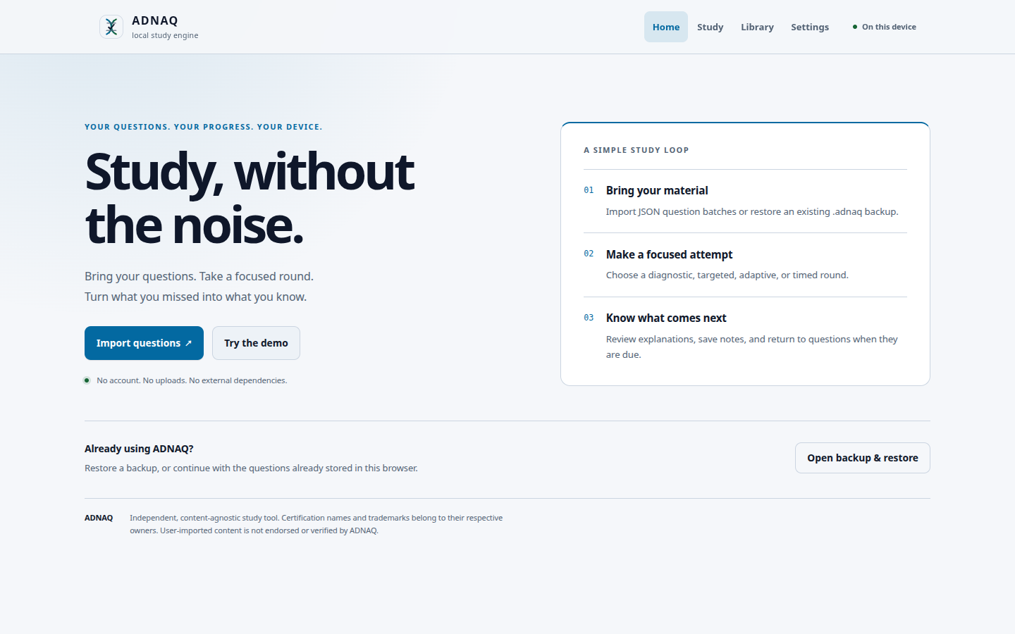 adnaq 3.0.0-b5 landing page with import and built-in demo controls