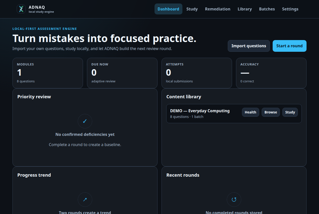 The adnaq dashboard after a kit is loaded: modules, questions due, attempts and accuracy over a local content library