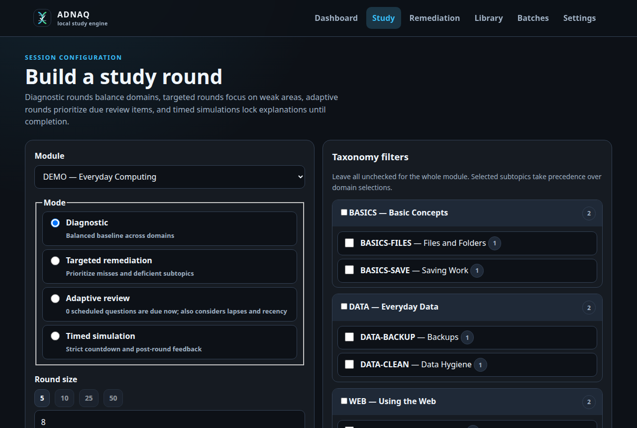 The adnaq round builder: module, the four round modes, round size and the taxonomy filters that scope a session