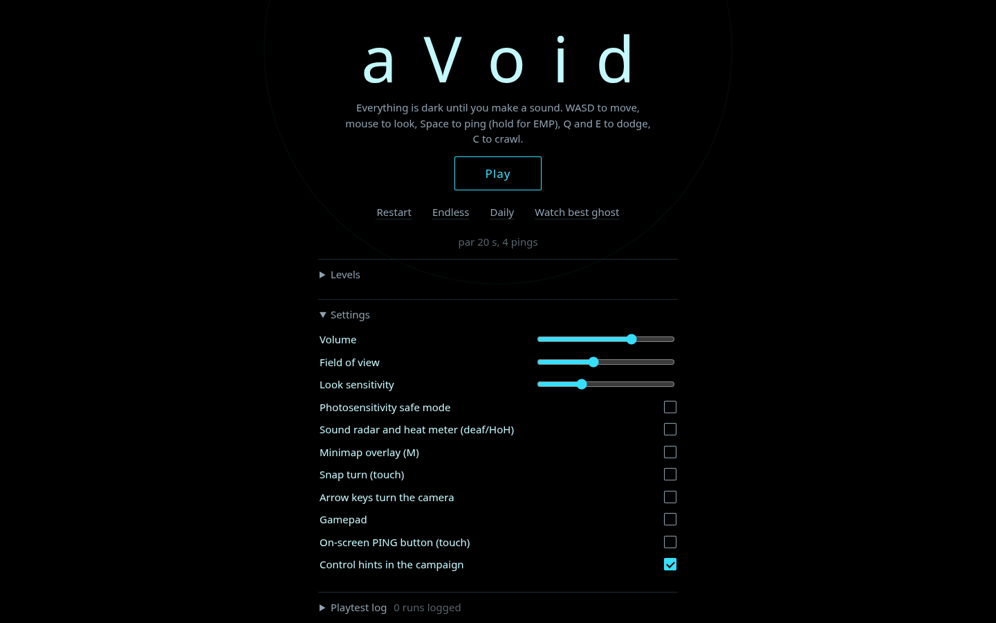 aVoid settings including photosensitivity safe mode, sound radar, touch and gamepad controls