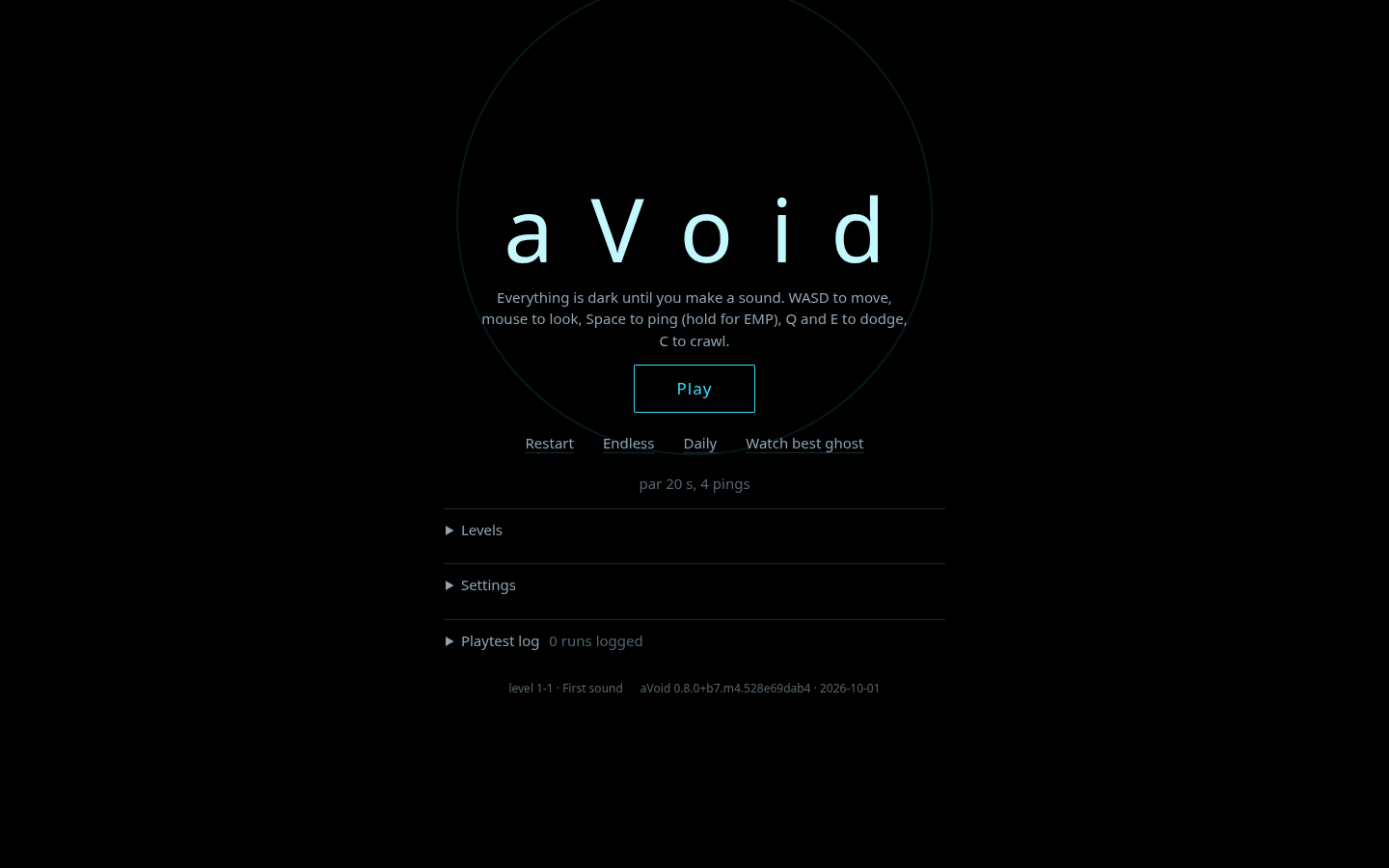 aVoid 0.8.0 build b7 milestone m4 title with Play, Endless, Daily and ghost controls