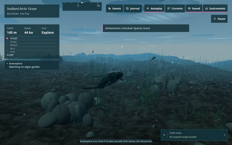 DonTide 3.1.0: a blue whale exploring Svalbard Arctic Ocean in third-person Free Play