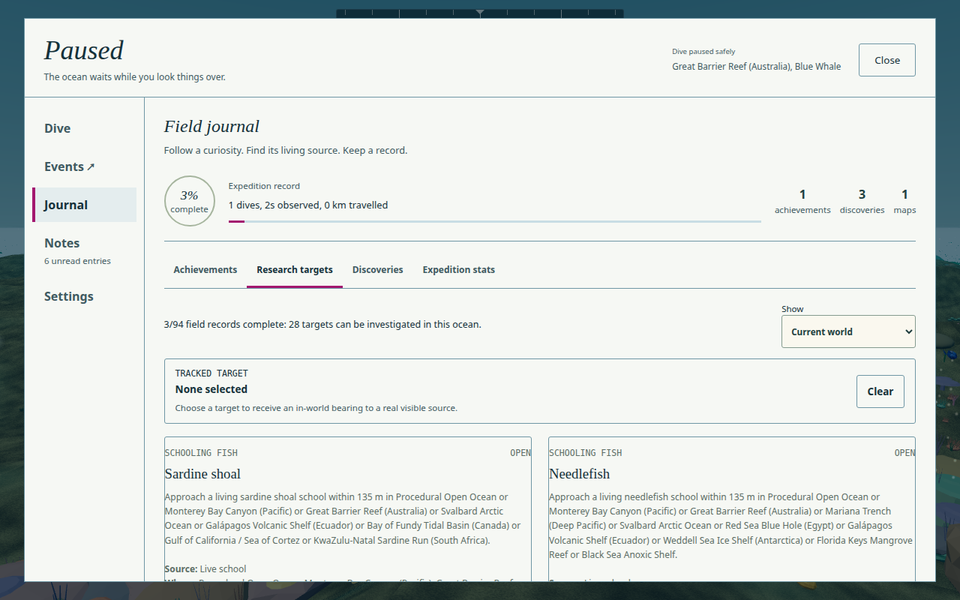 DonTide 3.1.0 field journal with research targets and expedition progress