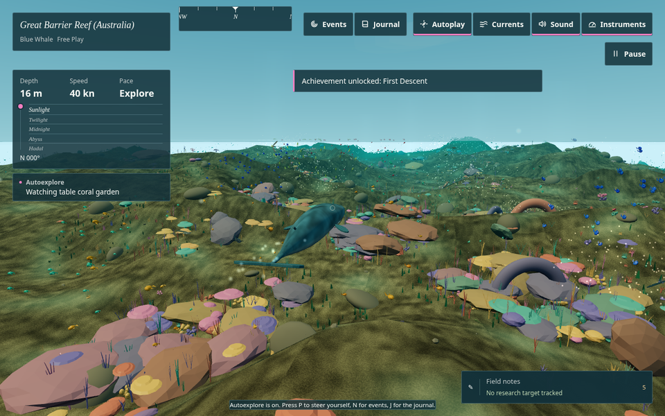 DonTide 3.1.0: a blue whale exploring the Great Barrier Reef in third-person Free Play