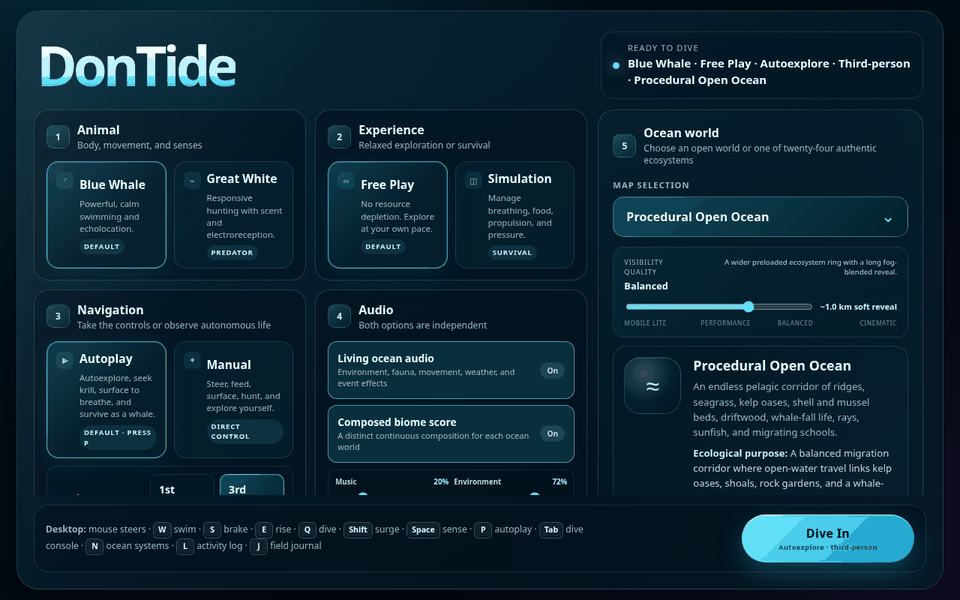 The dontide.app dive console: animal, experience, navigation, audio and ocean world, all chosen before the dive