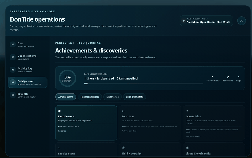 The dontide.app field journal: achievements, discoveries and expedition stats, kept locally