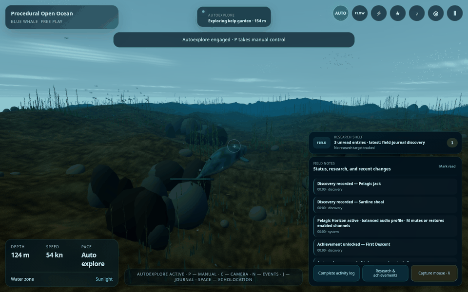 dontide.app underwater in the procedural open ocean, a whale over a kelp garden with depth and speed read out