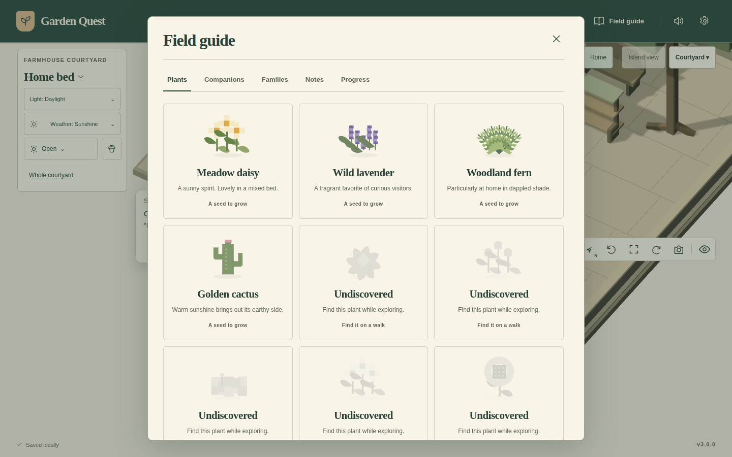 Garden Quest field guide with plants, companions and discovery categories