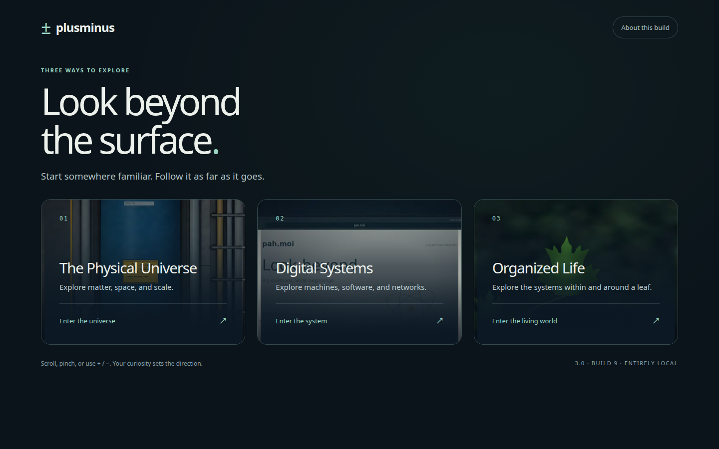 plusminus 3.0 launcher offering its Physical Universe, Digital Systems and Organized Life explorers
