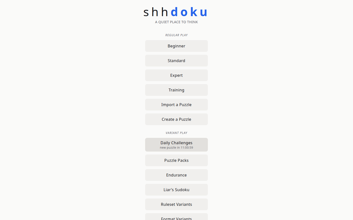 shhdoku.org 3.0.2 main menu with puzzle and learning controls