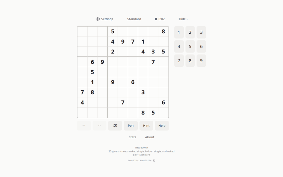 A generated Standard board on shhdoku.org, with its digit pad, pen mode and board fingerprint