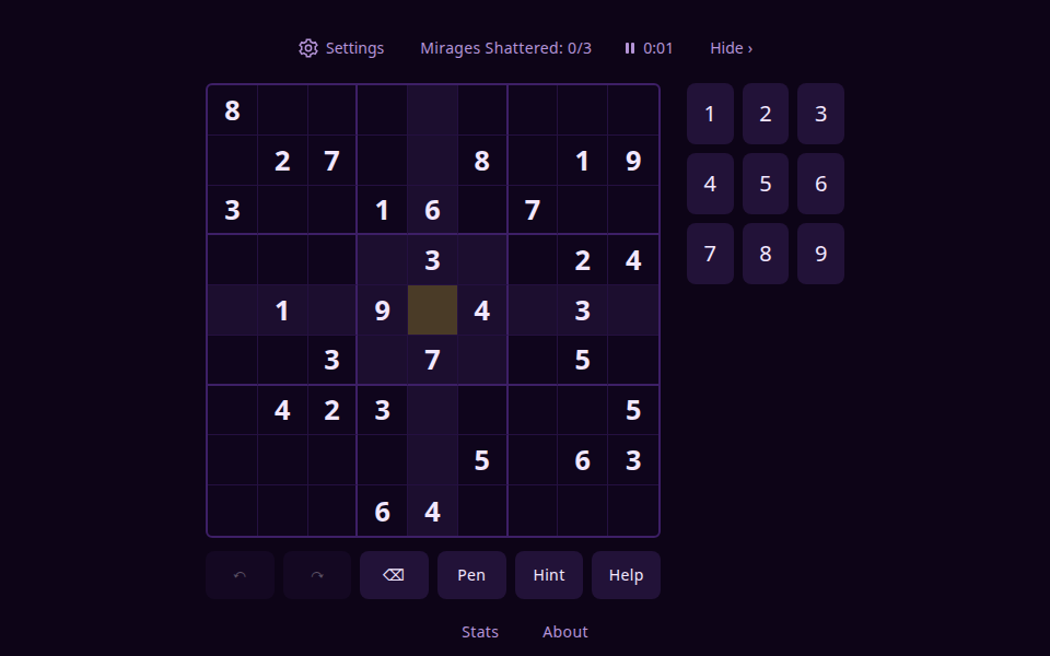 Liar's Sudoku on shhdoku.org in the Cyberpunk theme, mid-game: three of the givens are lies, and the header counts the mirages shattered