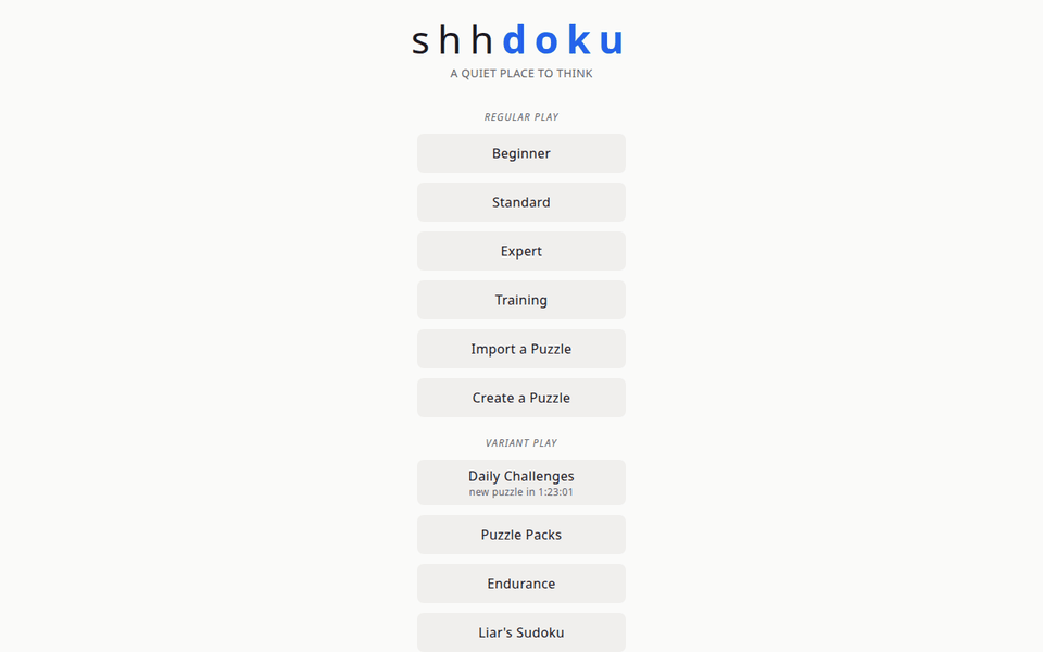The shhdoku.org puzzle menu: difficulty tiers and variant play on a quiet page