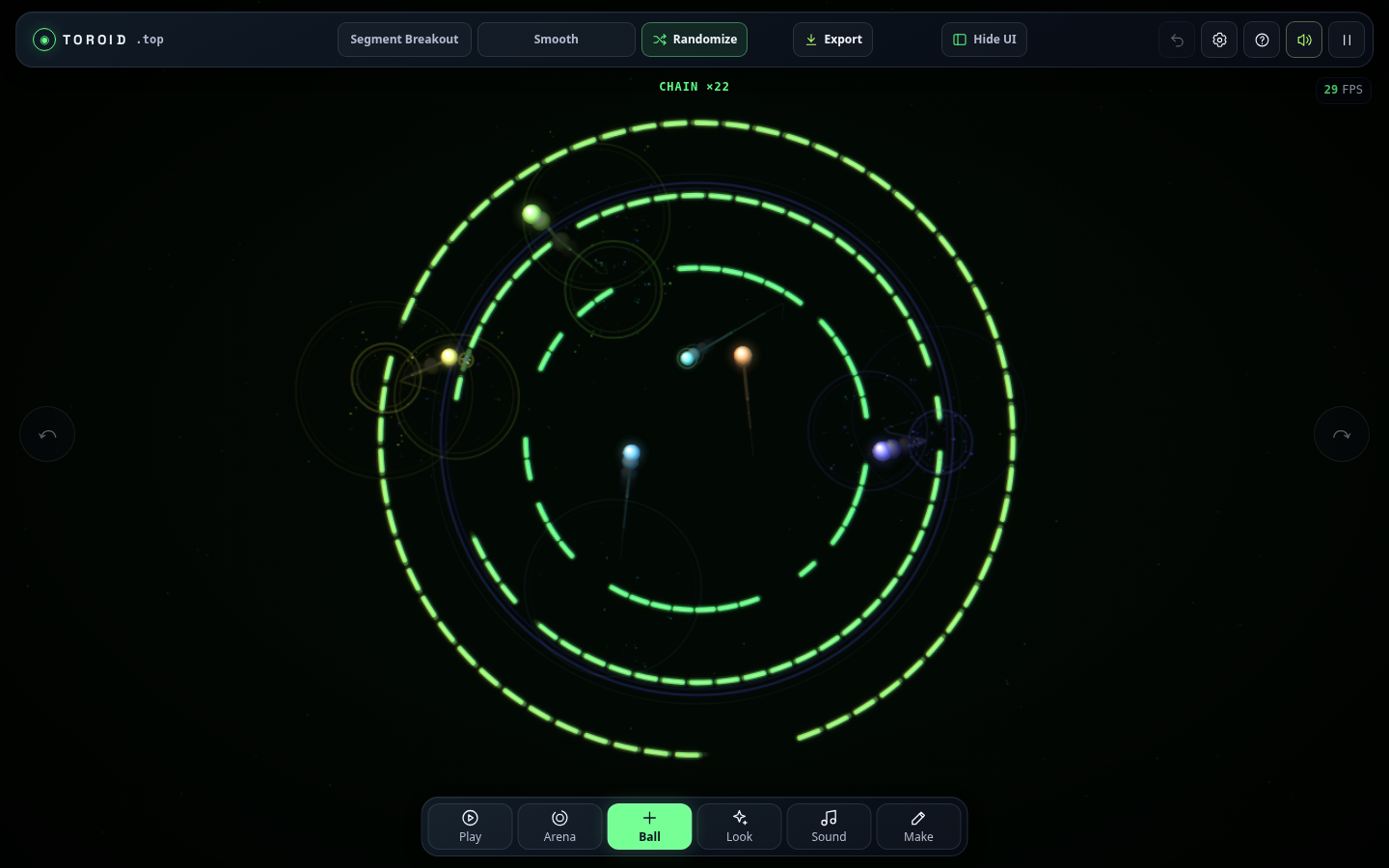 toroid.top 3.0 Vector CRT Arcade Segment Breakout scene with destructible ring bricks
