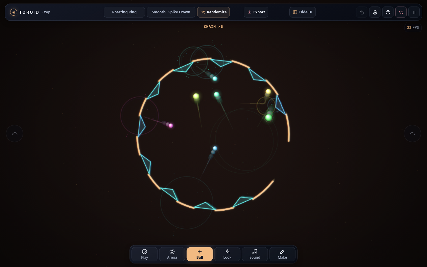 toroid.top 3.0 Solar Ember Spike Crown scene with triangular teeth and bouncing balls