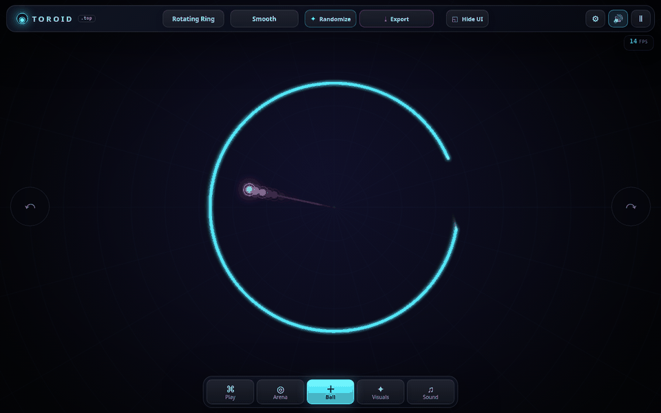 The default toroid.top arena: one ball escaping one rotating ring