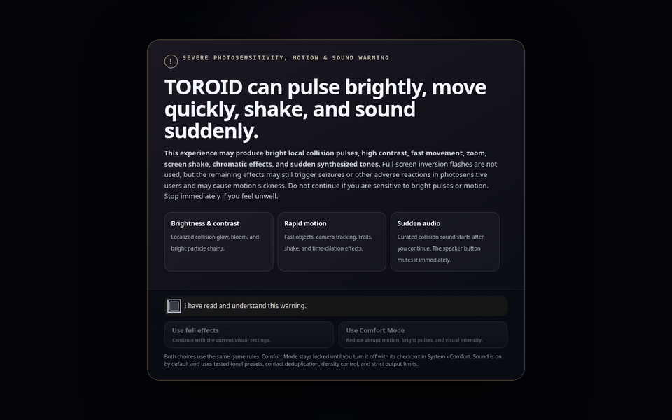 The toroid.top photosensitivity, motion and sound warning, shown before anything moves