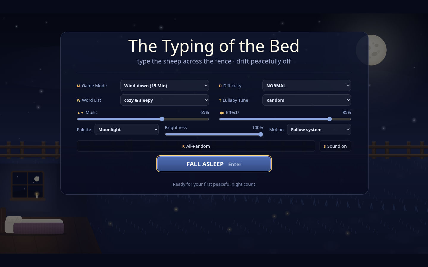 The Typing of the Bed 3.0.2 setup screen with mode, difficulty, word list and sound options
