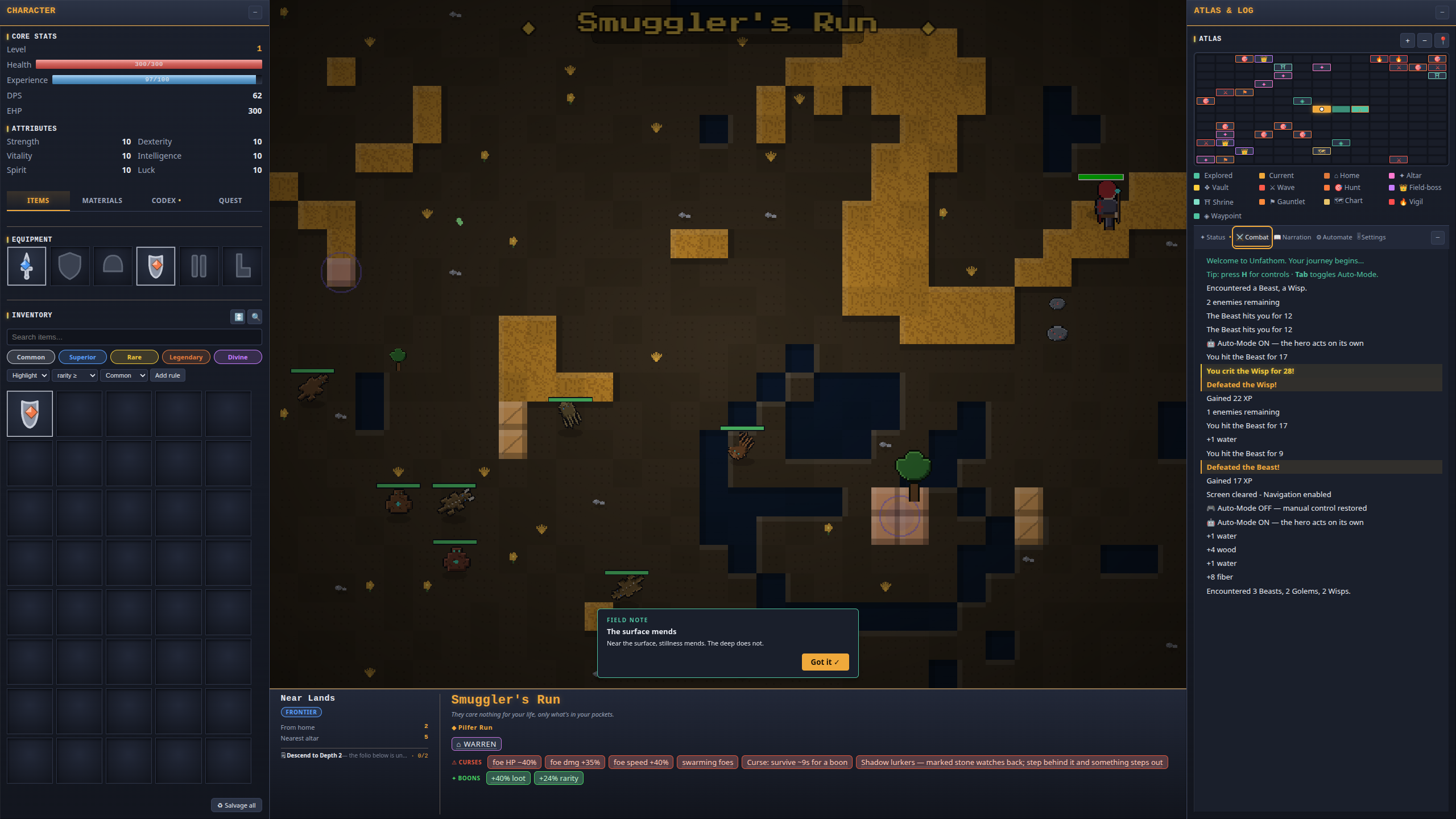 unfathom preview in Smuggler's Run: the hero enters a warren with beasts, golems and wisps, character stats and inventory on the left, and the atlas and combat log on the right