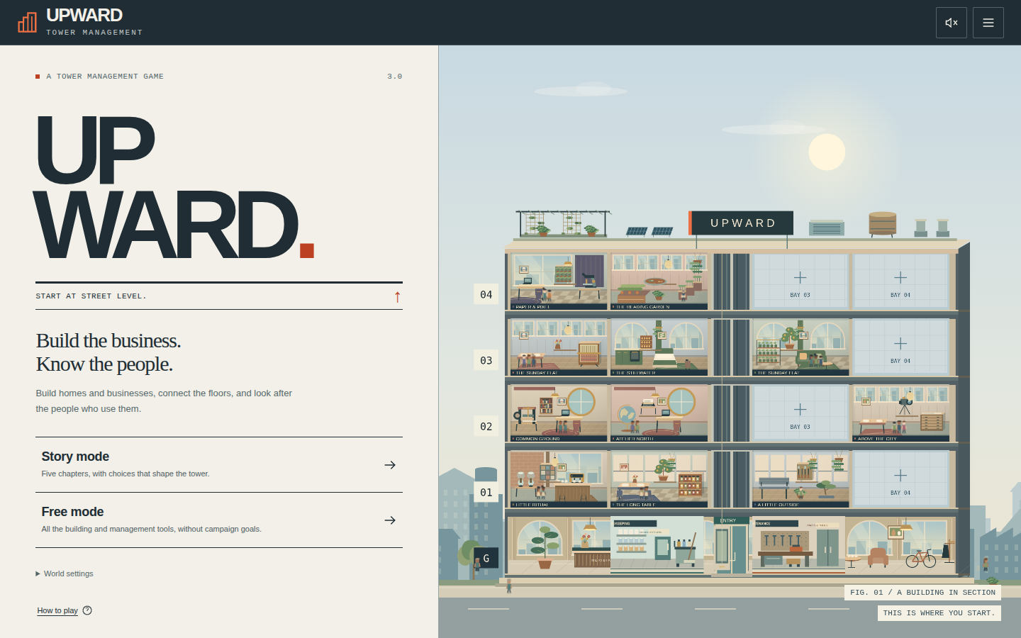 Upward 3.0.2 title screen with Story mode, Free mode and Meridian House