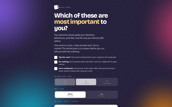 Values Draw 1.2 setup with the forty-card deck and three seconds per card selected