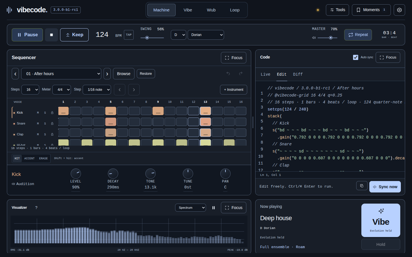 vibecode editable code view alongside its Machine controls