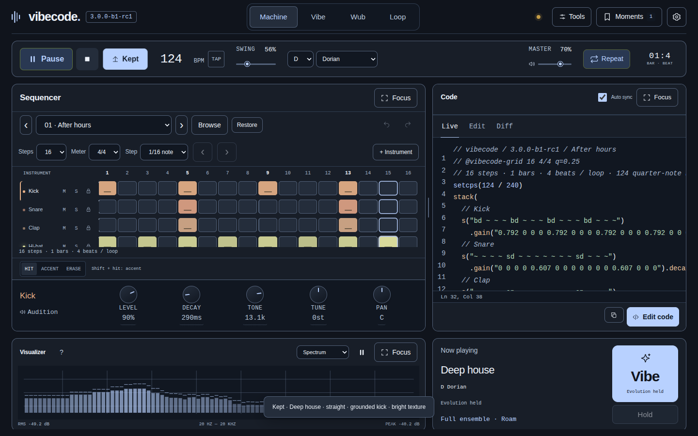 vibecode 3.0.0-b1-rc1 Machine workspace playing a local synthesized pattern
