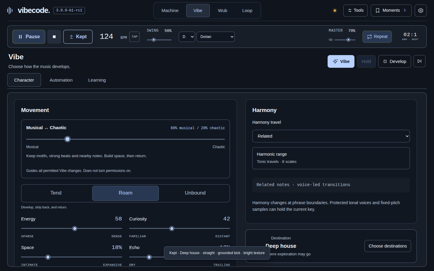 vibecode Vibe workspace with musical direction and generation controls
